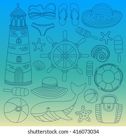 Big set with doodle images about beach fashion and travel