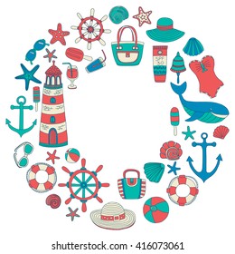 Big set with doodle images about beach fashion and travel