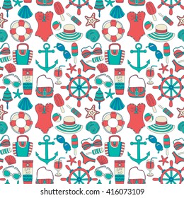 Big set with doodle images about beach fashion and travel