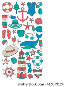 Big set with doodle images about beach fashion and travel