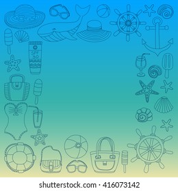 Big set with doodle images about beach fashion and travel
