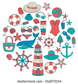 Big set with doodle images about beach fashion and travel