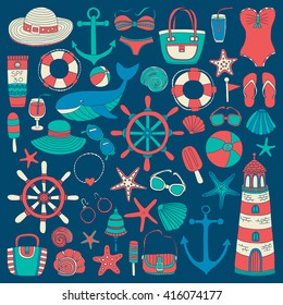 Big set with doodle images about beach fashion and travel