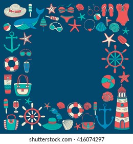 Big set with doodle images about beach fashion and travel