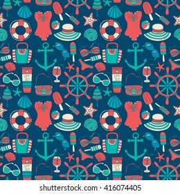 Big set with doodle images about beach fashion and travel