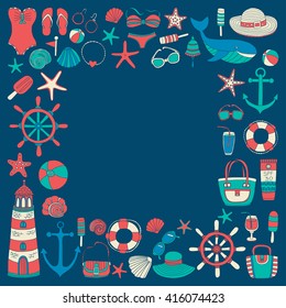 Big set with doodle images about beach fashion and travel