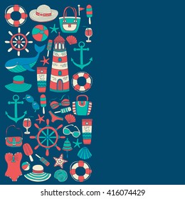 Big set with doodle images about beach fashion and travel
