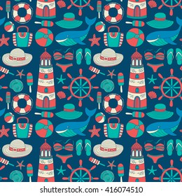 Big set with doodle images about beach fashion and travel