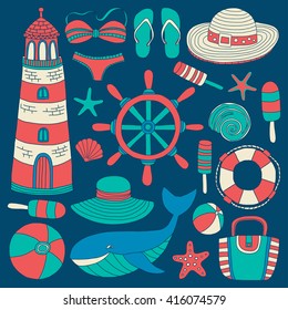 Big set with doodle images about beach fashion and travel
