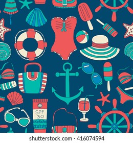 Big set with doodle images about beach fashion and travel