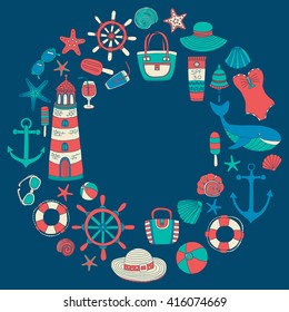 Big set with doodle images about beach fashion and travel
