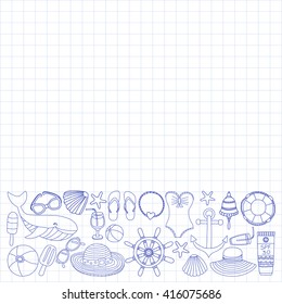 Big set with doodle images about beach fashion and travel