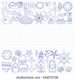 Big set with doodle images about beach fashion and travel