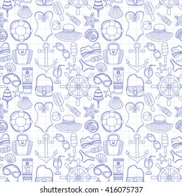 Big set with doodle images about beach fashion and travel