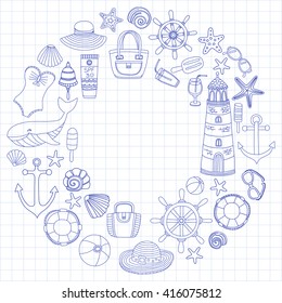 Big set with doodle images about beach fashion and travel