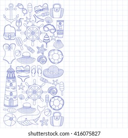 Big set with doodle images about beach fashion and travel