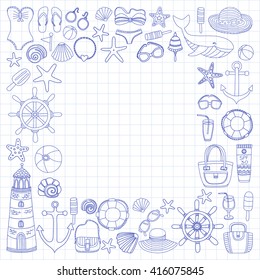 Big set with doodle images about beach fashion and travel