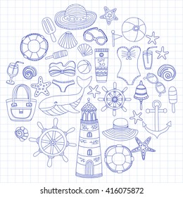 Big set with doodle images about beach fashion and travel
