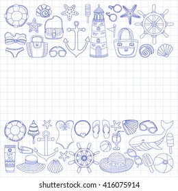 Big set with doodle images about beach fashion and travel