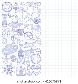 Big set with doodle images about beach fashion and travel