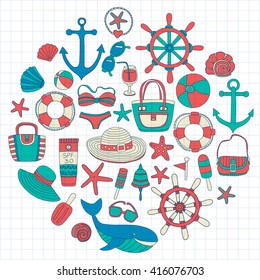 Big set with doodle images about beach fashion and travel