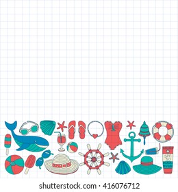 Big set with doodle images about beach fashion and travel