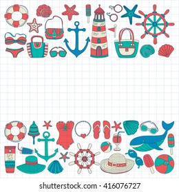 Big set with doodle images about beach fashion and travel