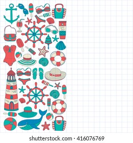 Big set with doodle images about beach fashion and travel