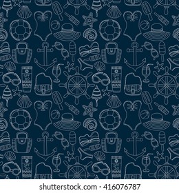 Big set with doodle images about beach fashion and travel