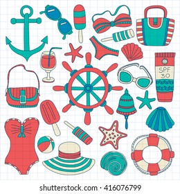 Big set with doodle images about beach fashion and travel