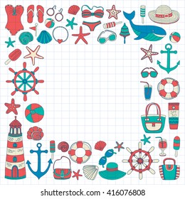 Big set with doodle images about beach fashion and travel