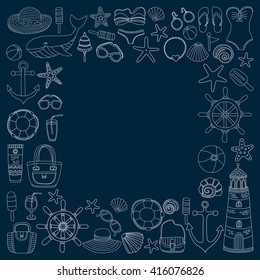 Big set with doodle images about beach fashion and travel