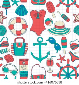 Big set with doodle images about beach fashion and travel