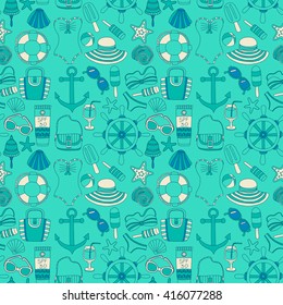 Big set with doodle images about beach fashion and travel