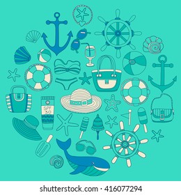 Big set with doodle images about beach fashion and travel