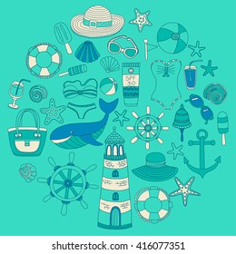 Big set with doodle images about beach fashion and travel