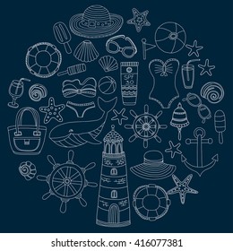 Big set with doodle images about beach fashion and travel