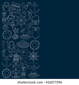 Big set with doodle images about beach fashion and travel