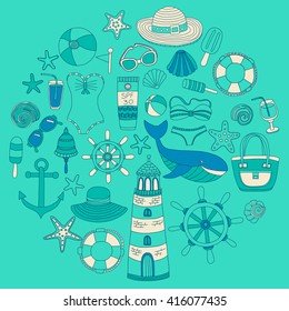 Big set with doodle images about beach fashion and travel