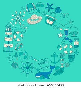 Big set with doodle images about beach fashion and travel