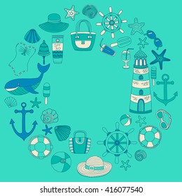 Big set with doodle images about beach fashion and travel