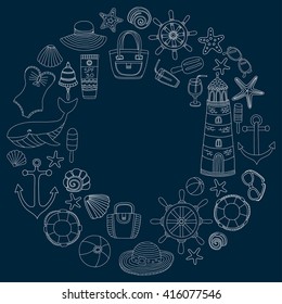 Big set with doodle images about beach fashion and travel