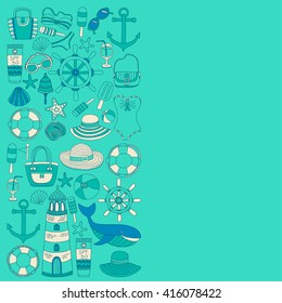 Big set with doodle images about beach fashion and travel