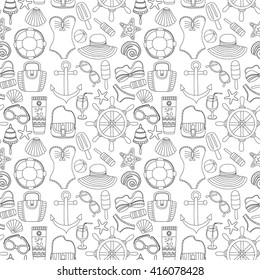 Big set with doodle images about beach fashion and travel