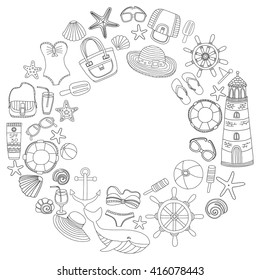 Big set with doodle images about beach fashion and travel