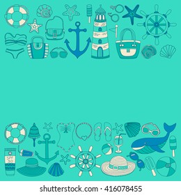 Big set with doodle images about beach fashion and travel