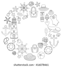 Big set with doodle images about beach fashion and travel