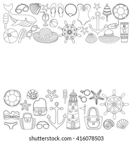 Big set with doodle images about beach fashion and travel