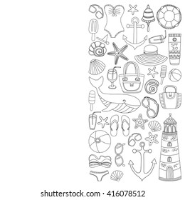 Big set with doodle images about beach fashion and travel