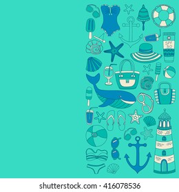 Big set with doodle images about beach fashion and travel